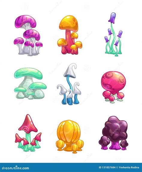 Cartoon Colorful Fantasy Glossy Mushrooms Icons Set Stock Vector