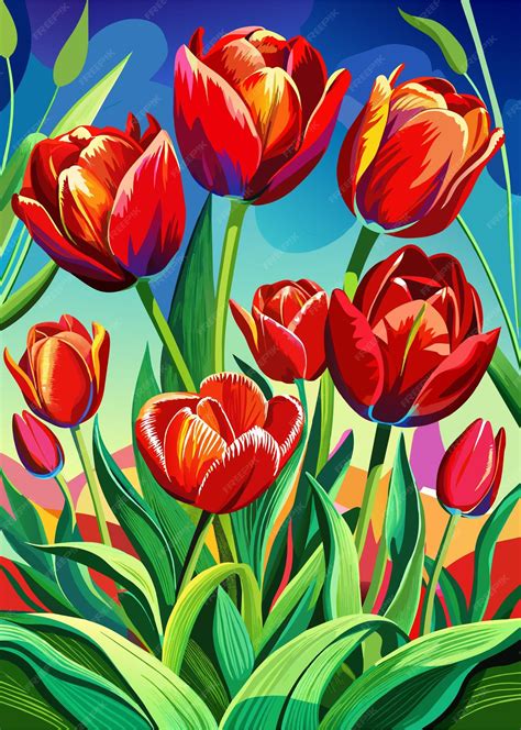 Premium Vector A Painting Of Tulips In A Colorful Frame