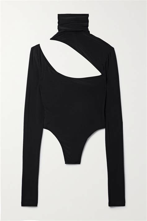 Laquan Smith Cutout Stretch Jersey Turtleneck Thong Bodysuit In Black