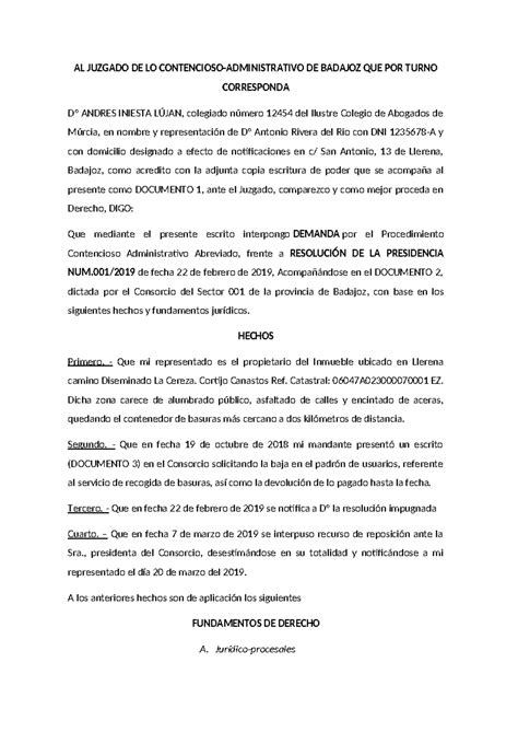 Demanda Act Al Juzgado De Lo Contencioso Administrativo De Badajoz