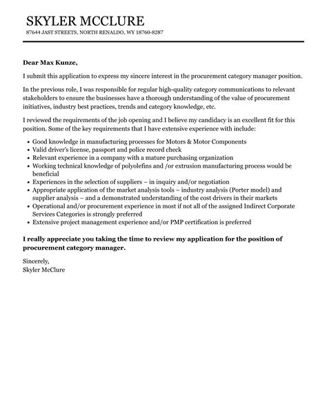 Procurement Category Manager Cover Letter Velvet Jobs