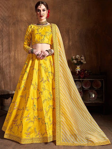 Buy Fabpixel Yellow Gold Toned Embroidered Thread Work Semi Stitched