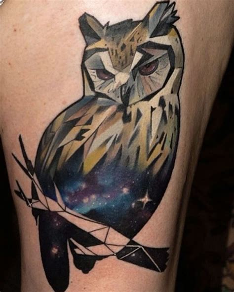 Mystical multicolored thigh tattoo of owl stylized with space ...