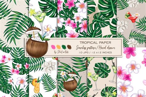 Unique Hand Drawn Tropical Digital Paper Jpeg Files