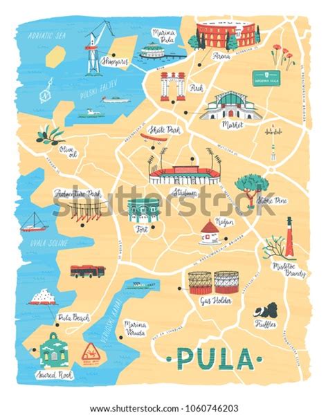 Cartoon Map Pula Croatia Main Tourist Stock Vector Royalty Free