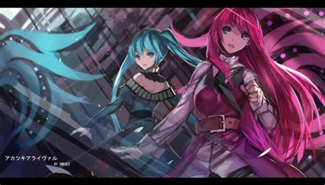 2girls Aqua Eyes Aqua Hair Blue Eyes Choker Dress Hatsune Miku Long Hair Megurine Luka Pink Hair