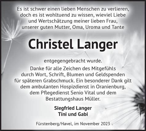 Traueranzeigen Von Christel Langer M Rkische Onlinezeitung Trauerportal