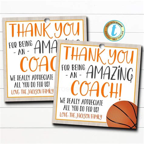 Basketball Coach Gift Tag School Sports Team Appreciation Diy