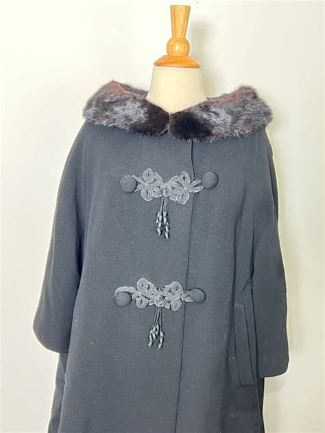 Vintage 1960s Black Swing Coat With Fur Trim And Frog Gem