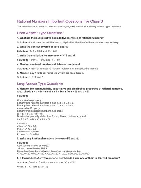 Rational Numbers Important Questions For Class 8 Short Answer Type Questions Pdf