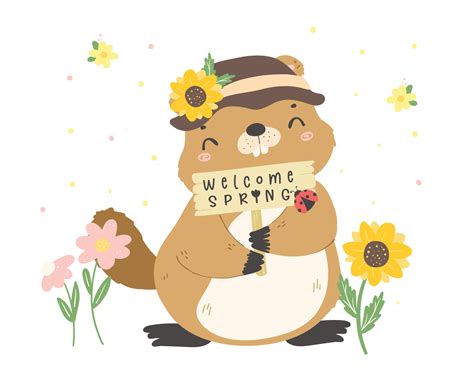 Happy Groundhog Day With Cheerful Cartoon Groundhog Holding Spring Sign