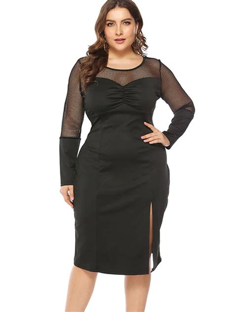 New Women Plus Size Long Mesh Sleeve Bodycon Cocktail Party Black Short Dress In Dresses From