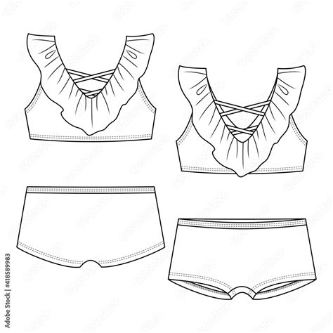 Girls Frill Bikini Fashion Flat Sketch Template Technical Fashion Illustration Short Bikini