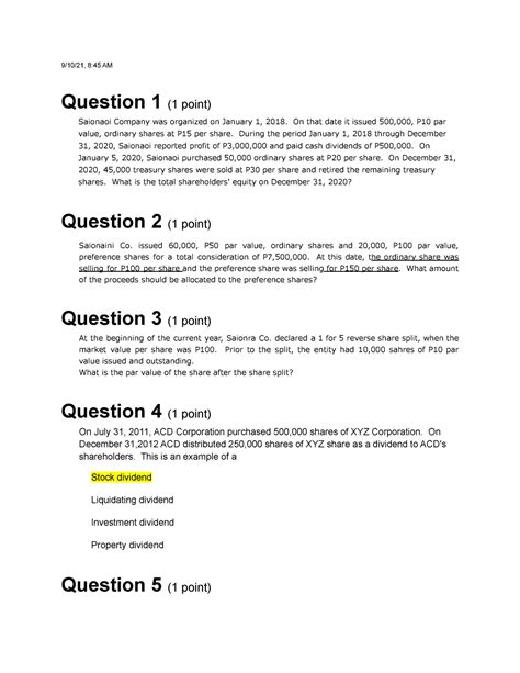 Quiz On Shareholder S Equity With Answers 9 10 21 8 45 AM Question 1