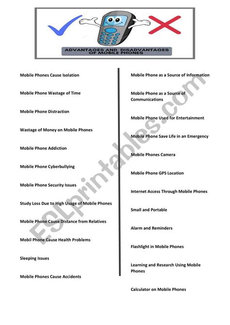 The Advantages And Disadvantages Of Using Mobile Phones Esl Worksheet