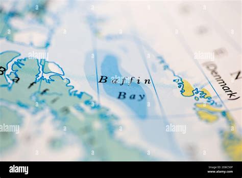 Shallow depth of field focus on geographical map location of Baffin Bay ...