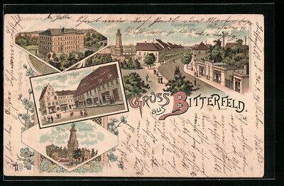 Lithographie Bitterfeld Realschule Marktplatz Krieger Denkmal 1899