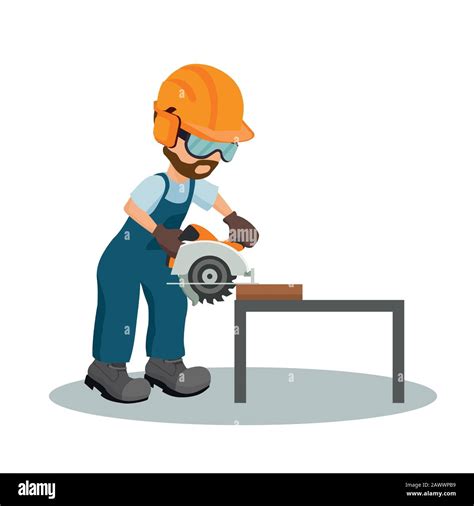 Male Carpenter Cutting A Wooden Plank With Circular Saw With Industrial