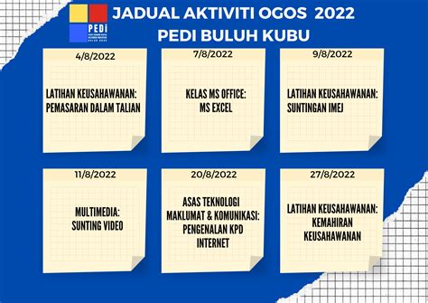 Jadual Aktiviti Pedi Buluh Kubu Bulan Ogos