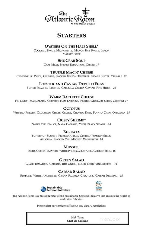 Menu Of The Atlantic Room In Kiawah Island SC 29455