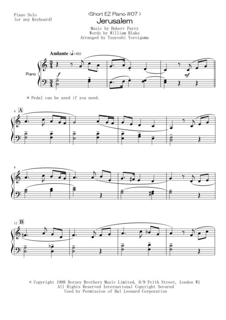 Jerusalem Arr Tsuyoshi Yoroiguma By Charlotte Church Sheet Music For