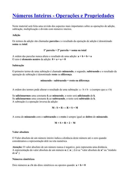 Numeros Inteiros Operações E Propriedades - +Números inteiros operações e propriedades | DOCX