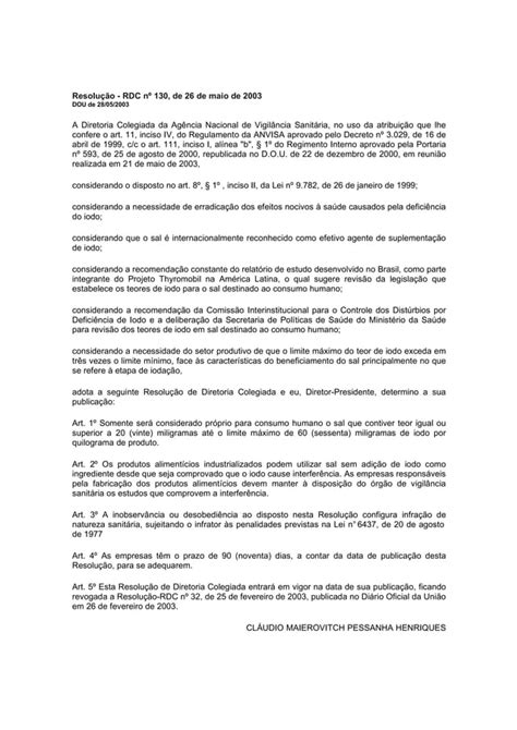 N Alimento Rdc N 130 26 Maio 2003 Teor De Iodo No Sal PDF