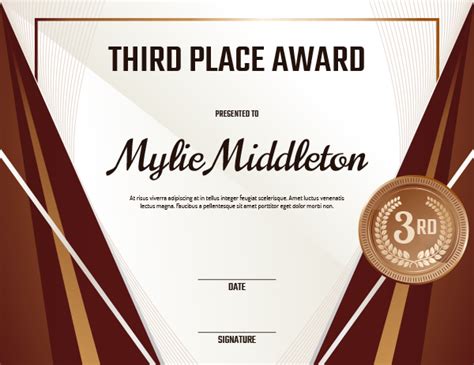 Printable Third Place Medal Award Certificate Template