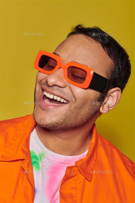 Self Expression Concept Happy Indian Man In Bright Orange Sunglasses