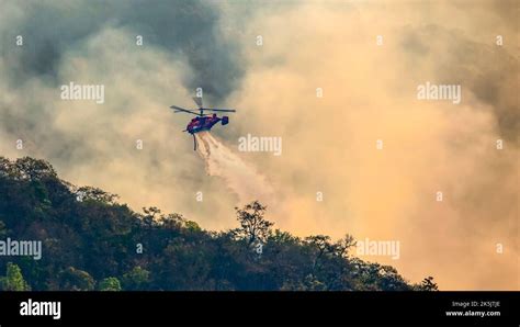 Fire fighting helicopter dropping water onto wildfire Stock Photo - Alamy