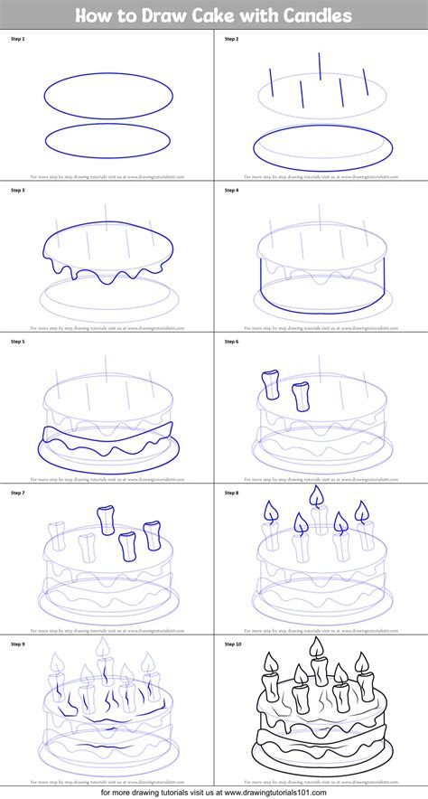 How to Draw Cake with Candles printable step by step drawing sheet ...