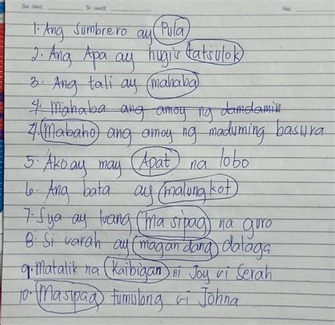 Sumulat Ng 10 Pangungusap Na May Kayarian Ng Pang Uri Bilugan Ang Pang