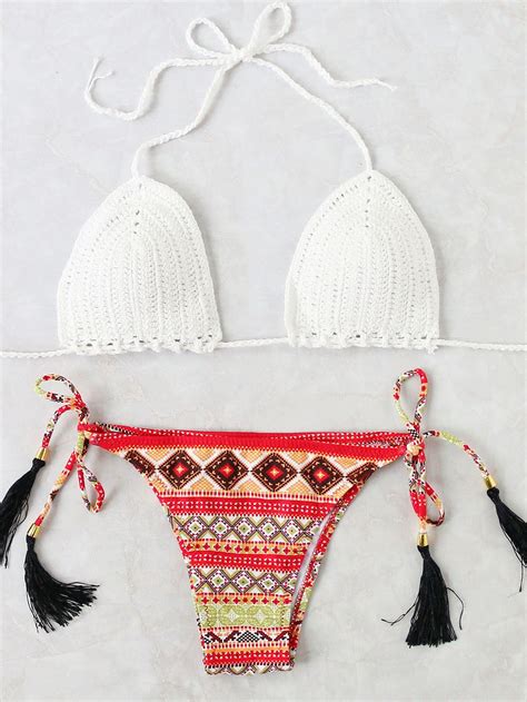 Printed Side Tie Knit Bikini Set With Tassel Shein Sheinside