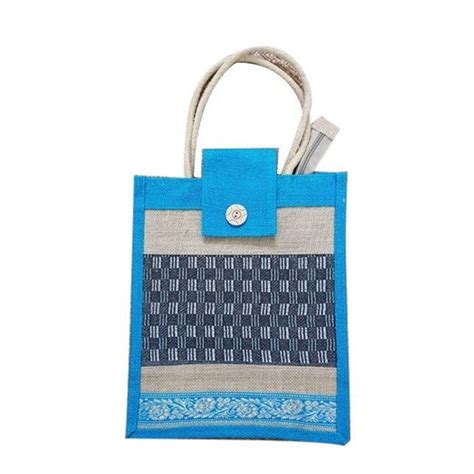 Printed Blue Black And Beige 2 Kg Jute Lunch Bag Size Dimension 9x12