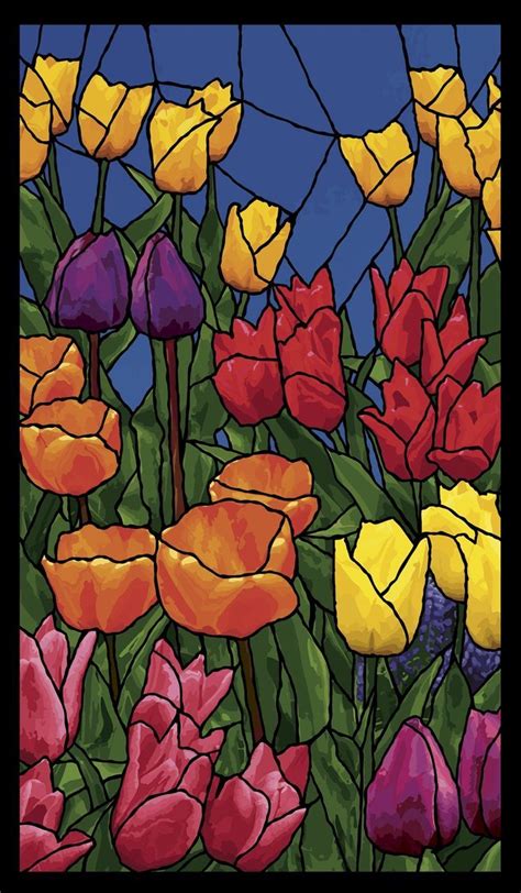 A Painting Of Colorful Flowers In Front Of A Stained Glass Window With