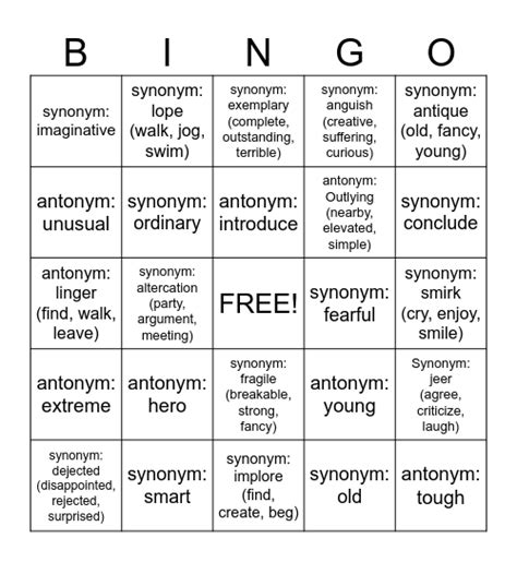 Synonym Antonym ELA Bingo Card