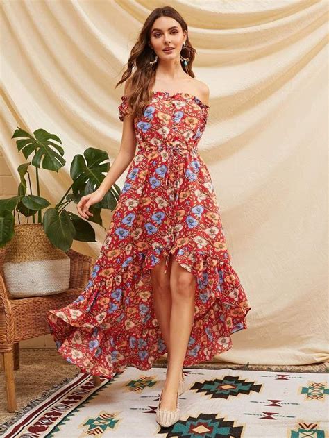 Shein Off Shoulder Buttoned Ruffle Trim Dip Hem Floral Dress Floral