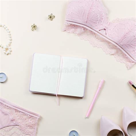 Woman Elegant Pink Lace Bra And Panties Pumps And Jewelry Stylish Lingerie Flat Lay Stock
