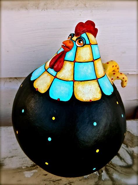 A Folk Art Gourd Rooster Hand Sculpted And Painted Ready To Find A