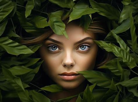 Premium Ai Image Beautiful Woman In Nature Summer Green Leaves