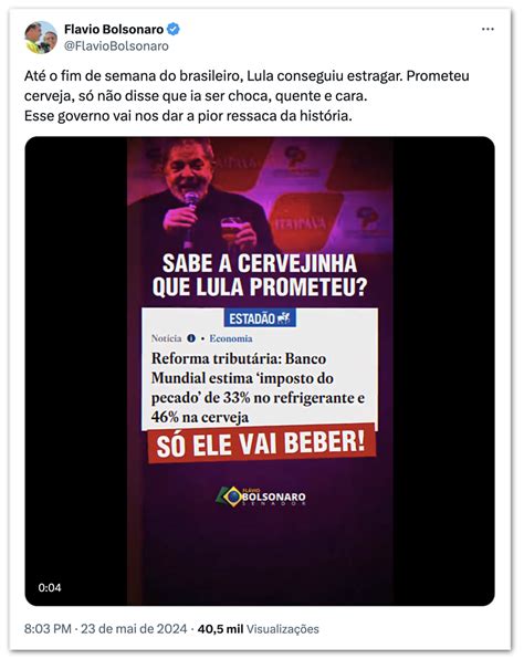 Cervejinha de Lula é choca quente e cara diz Flávio Bolsonaro