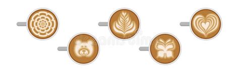 Latte Art with Coffee Cup with Milk Foam Drawing Vector Set Stock ...