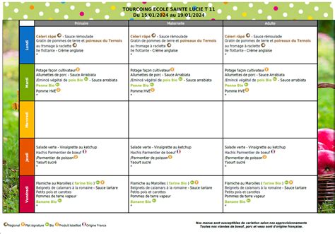 Menus de cantine École Sainte Lucie Tourcoing