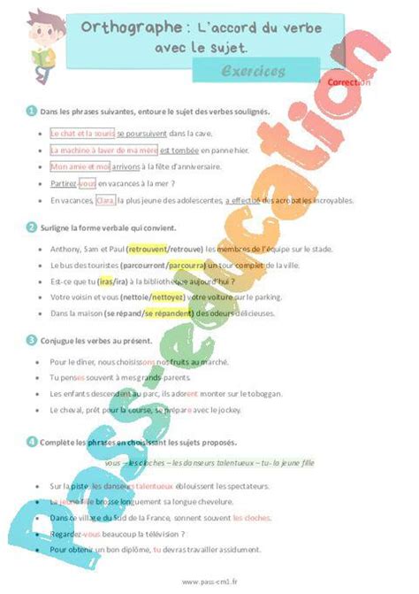 Laccord Du Verbe Avec Son Sujet Exercices Dorthographe Pour Le Cm