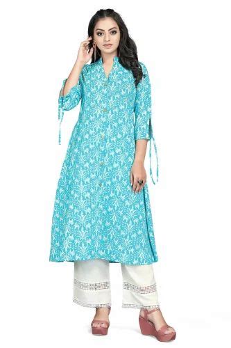 Cotton Printed Skyblue V Neck Button Kurti With Plazzo Set A Line At