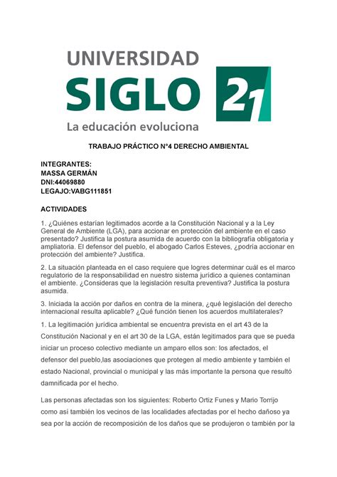 Trabajo Práctico N4 Derecho Ambiental Siglo 21 Studocu