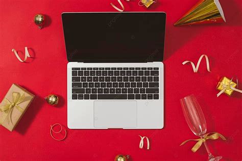 Christmasthemed Office Desk Viewed From Above View New Red Photo ...