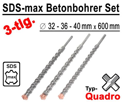 SDS Max Betonbohrer Set 3 Tlg Quadro Bohrer Hammerbohrer 32mm 36mm 40mm