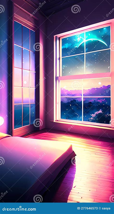 Anime Bedroom Background Wallpaper with Galaxy Stars Night Scene Stock ...