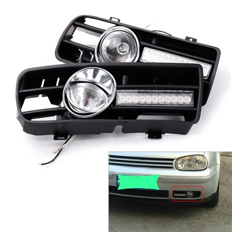 2pcs H3 Fog Lights Grilles With Led Drl Lamp For 1997 2006 Vw Golf Gti